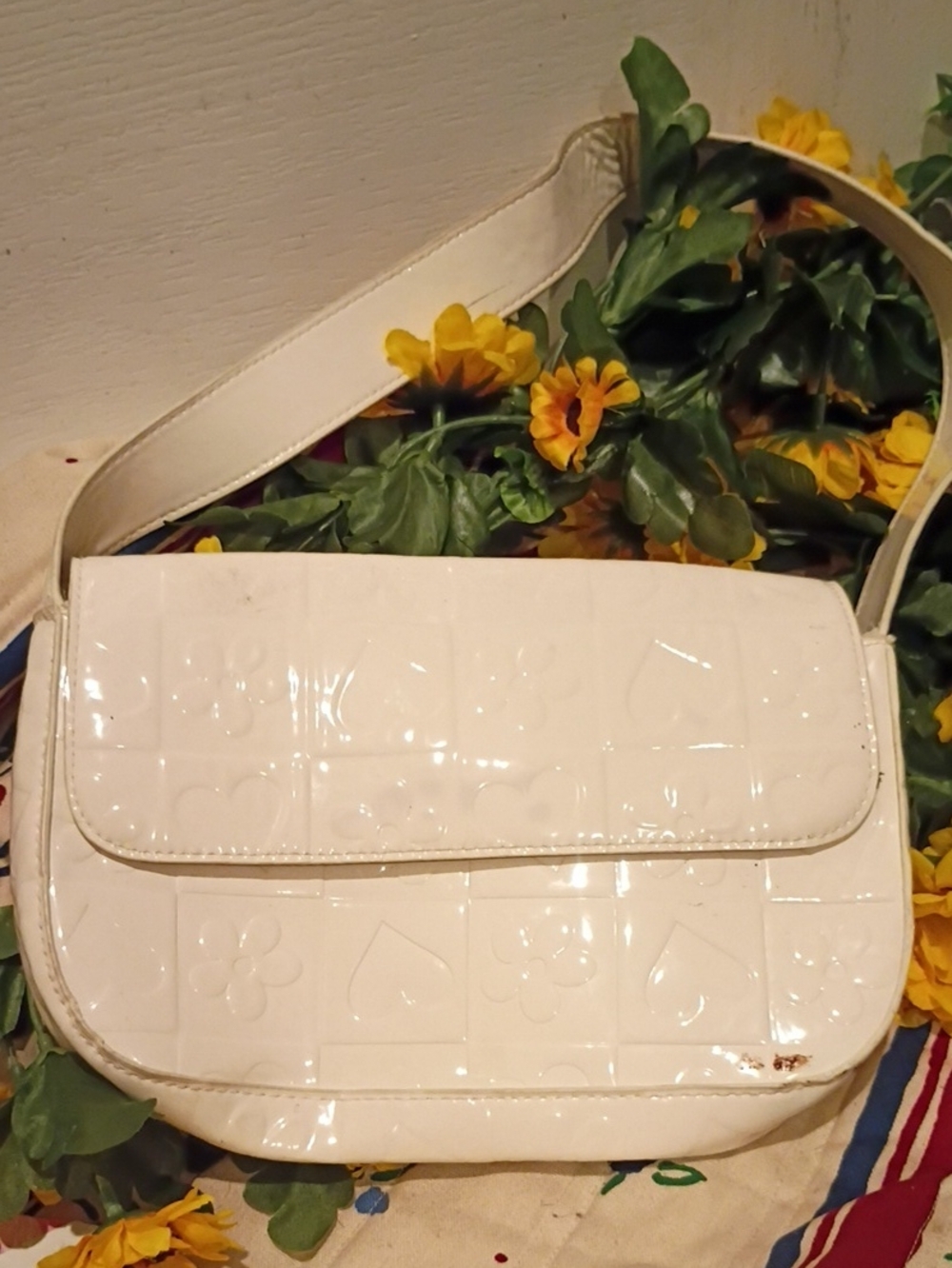 Patent White Shoulder Bag with Embossed Pattern